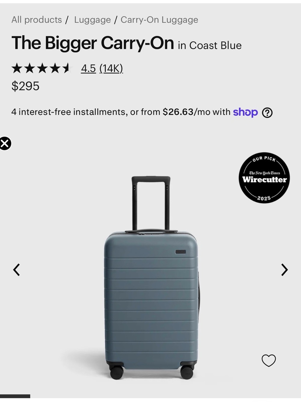 BRAND NEW Away Hardside Bigger Carry-On in Coast Blue